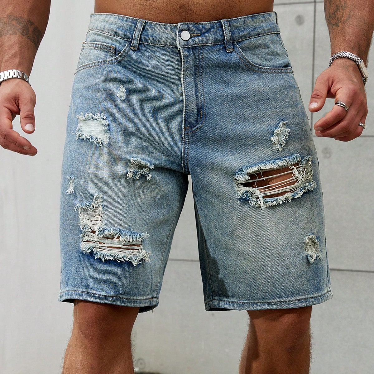 Men'S Fashion Model - Pantalones vaqueros cortos rasgados para hombre,