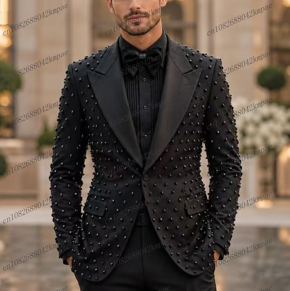 Mens Fashion Blazer - Traje de Hombre Negro con Perlas,