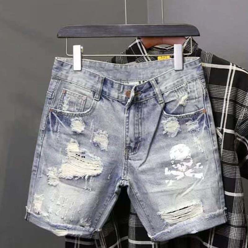 Men Fashion Jeans - Pantalones vaqueros cortos rasgados elásticos con